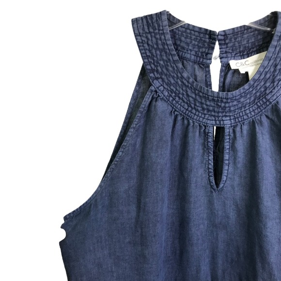 C&C California Mini Dress Womens M Blue Linen Sleeveless Keyhole Front High Neck - Picture 4 of 8